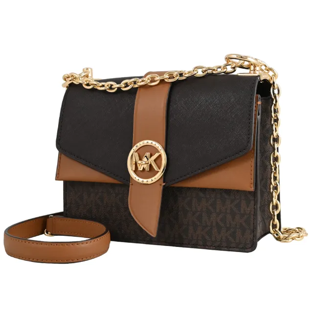 【Michael Kors】圓標金屬MK轉釦皮革拼接雙蓋肩斜三用鍊包(深咖)