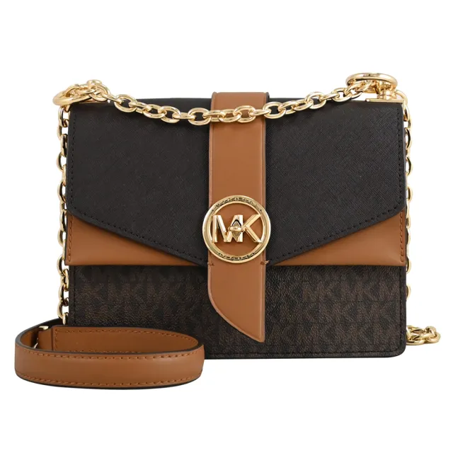 【Michael Kors】圓標金屬MK轉釦皮革拼接雙蓋肩斜三用鍊包(深咖)
