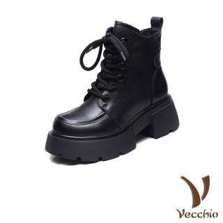 【Vecchio】真皮馬丁靴 厚底馬丁靴/真皮頭層牛皮個性版型厚底繫帶馬丁靴(黑)