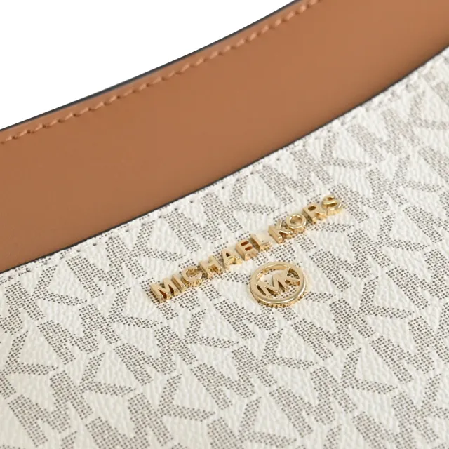 【Michael Kors】Jet Set Charm 經典MK印花前後雙口袋斜背包(白/咖邊)