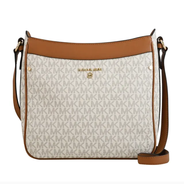 【Michael Kors】Jet Set Charm 經典MK印花前後雙口袋斜背包(白/咖邊)