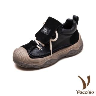 【Vecchio】真皮樂福鞋 厚底休閒鞋/全真皮頭層牛皮復古大鞋舌綁帶餅乾厚底休閒鞋(黑)