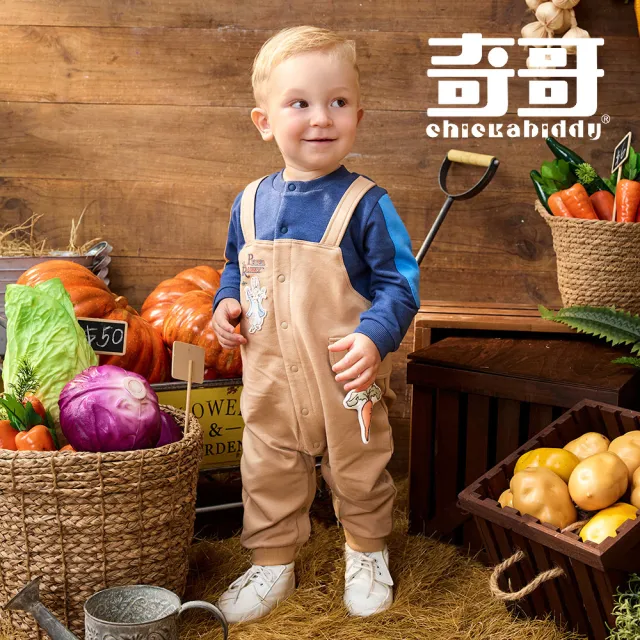 【奇哥】比得兔 嬰幼童裝 比得農場俏皮拼接仿吊帶褲長袖兔裝/連身衣(3-18個月)