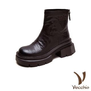 【Vecchio】真皮短靴 粗跟短靴/真皮細膩羊皮保暖機能後拉鍊粗跟短靴(棕)