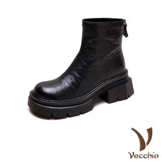 【Vecchio】真皮短靴 粗跟短靴/真皮細膩羊皮保暖機能後拉鍊粗跟短靴(黑)