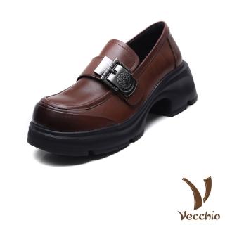 【Vecchio】真皮樂福鞋 牛皮樂福鞋/全真皮頭層牛皮時尚金屬皮帶釦造型樂福鞋(棕)