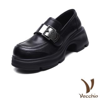 【Vecchio】真皮樂福鞋 牛皮樂福鞋/全真皮頭層牛皮時尚金屬皮帶釦造型樂福鞋(黑)