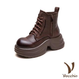 【Vecchio】真皮短靴 厚底短靴/真皮頭層牛皮個性時尚綁帶輕量厚底短靴(咖)