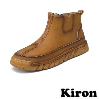 【Kiron】平底短靴 皮面短靴/個性復古版型經典皮面織帶拼接平底短靴-男鞋(棕)
