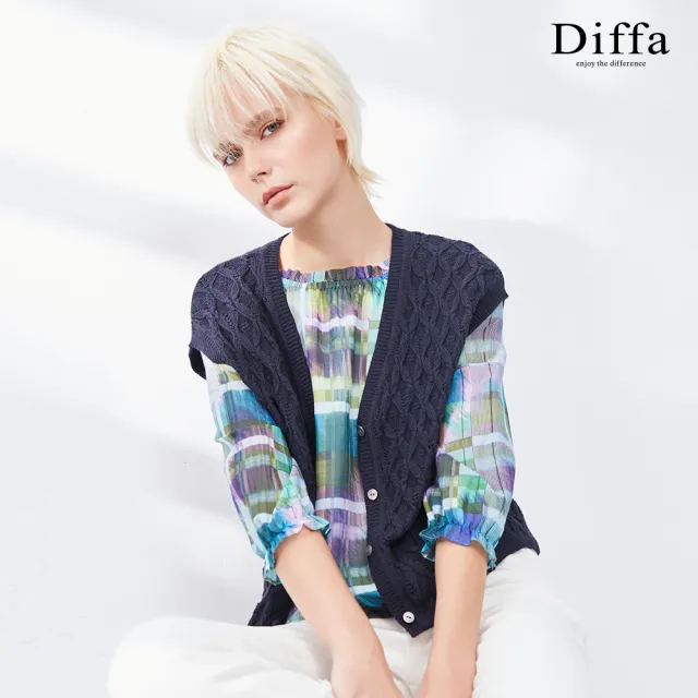 【Diffa】菱格拐花背心式線衫外套-女