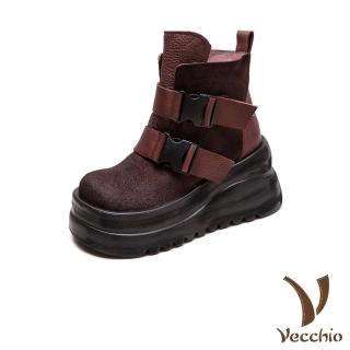【Vecchio】真皮短靴 厚底短靴/全真皮頭層牛皮個性雙釦帶設計厚底短靴(棕)