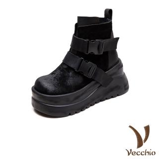 【Vecchio】真皮短靴 厚底短靴/全真皮頭層牛皮個性雙釦帶設計厚底短靴(黑)