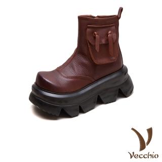 【Vecchio】真皮短靴 厚底短靴/全真皮頭層牛皮復古小口袋設計厚底短靴(棕)