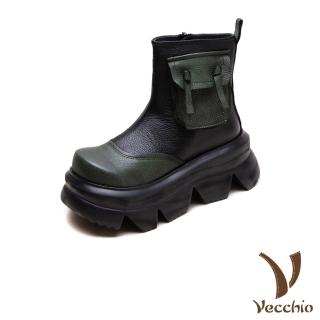 【Vecchio】真皮短靴 厚底短靴/全真皮頭層牛皮復古小口袋設計厚底短靴(黑)