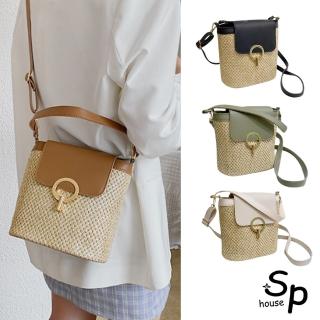【Sp house】復古草編拼色手提側肩斜女用水桶包(4色可選)