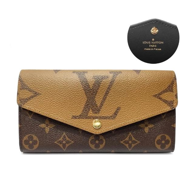 LV 路易威登 M80726 SARAH 系列經典 Monogram 雙色帆布印花暗釦長夾，咖啡色系設計，外層為高質感帆布，內層為牛皮材質，配備原廠防塵套、品控卡與包裝盒，尺寸為19x10x2.5cm，適合女性日常使用，簡約時尚，兼具實用與收藏價值。