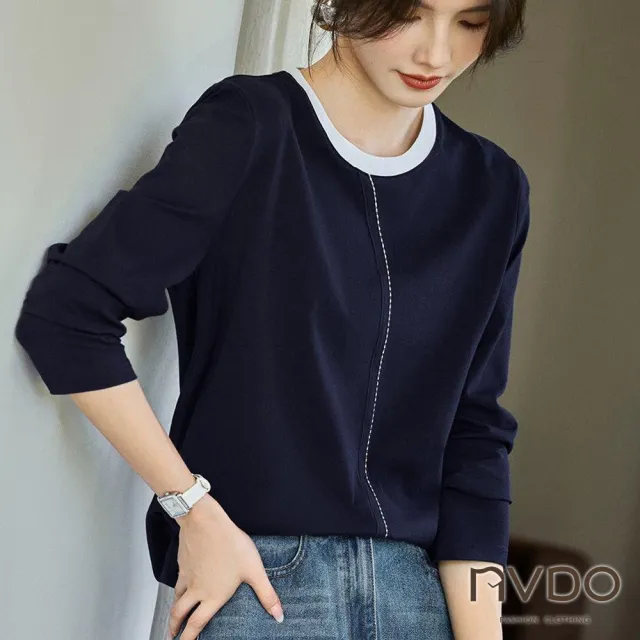 【NVDO】現貨 舒適圓領時尚線條顯瘦上衣(M-2XL/長袖上衣/F258/秋冬款)
