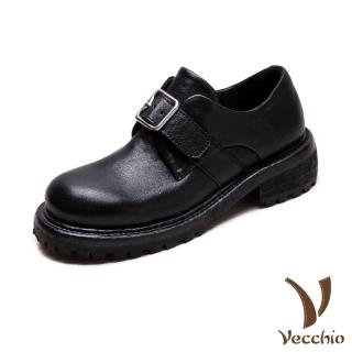 【Vecchio】真皮樂福鞋 真皮休閒鞋/全真皮細膩馬皮復古搭釦樂福鞋 休閒鞋(黑)