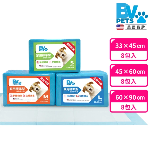 美國BV Pets 1.5kg 厚款 家用標準型寵物尿布墊-8包(寵物尿墊/尿布/尿片/犬貓適用)