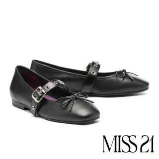 【MISS 21】叛逆搖滾蝴蝶結方釦繫帶全真皮羊皮拼接瑪莉珍平底鞋(黑)