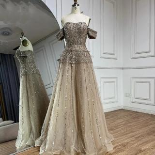 【女神婚紗禮服】極致奢華復古雕花一字裹臂A字墜地晚禮服LA72709焦糖棕(婚宴派對晚會 拉鍊款晚禮服)