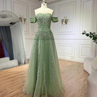 【女神婚紗禮服】極致奢華復古雕花一字裹臂A字墜地晚禮服LA72709抹茶綠(婚宴派對晚會 拉鍊款晚禮服)