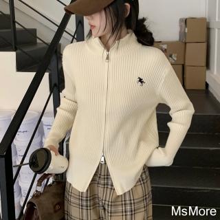 【MsMore】韓版寬鬆高領休閒雙拉鍊開衫安迪絨長袖針織毛衣外套短版上衣#123675(白/黑/卡其/杏)