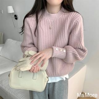 【MsMore】韓版寬鬆軟糯別致條紋麻花長袖北極絨針織毛衣短版上衣#123682(粉/卡其/杏/藍)