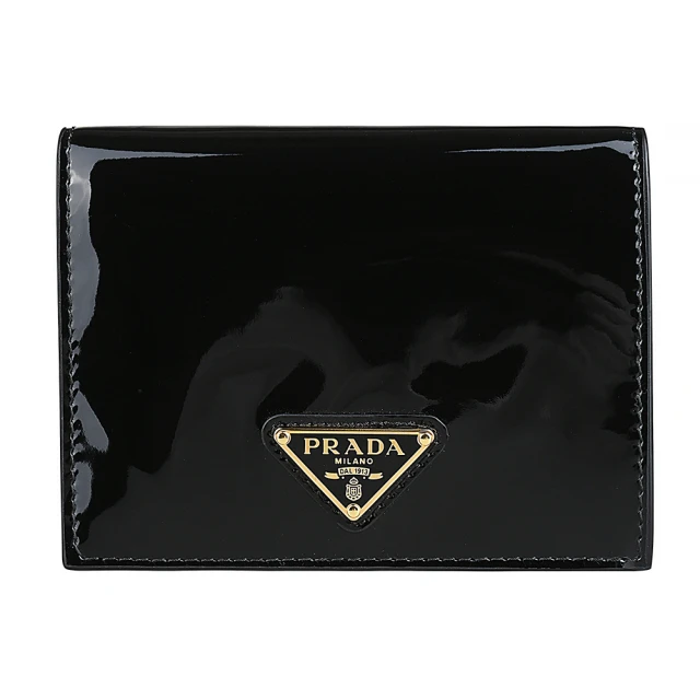 PRADA 普拉達 PRADA 金色三角牌漆皮扣式零錢卡片短夾(黑)