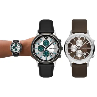 【EMPORIO ARMANI 官方直營】Renato系列 街頭風尚三眼計時手錶 皮革錶帶 43MM【618 限定價】(2色可選)