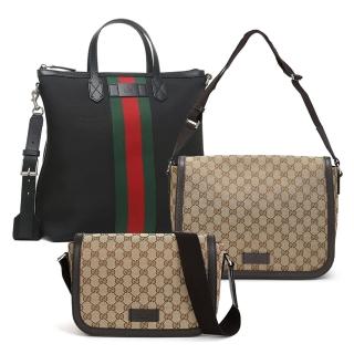 【GUCCI 古馳】雙11 經典GG LOGO布面牛皮飾邊斜背包/兩用包(款式任選)