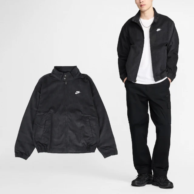 NIKE 耐吉 外套 NSW Club Harrington 男款 黑 立領 燈芯絨 刺繡 夾克 風衣(FZ0632-010)