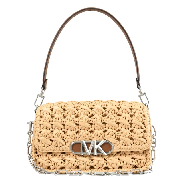 Michael Kors PARKER 金屬LOGO草編雙背帶翻蓋肩背包(咖邊)