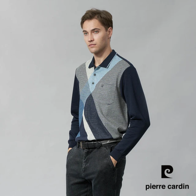 pierre cardin 皮爾卡登 商務休閒 男款 棉質混紡刷磨毛大定位斜格長袖POLO衫-深藍色(5245266-98)