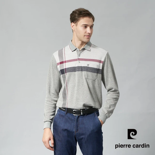 pierre cardin 皮爾卡登 網路獨家 男款 蓄熱刷磨毛定位條長袖POLO衫-灰色(7245277-97)