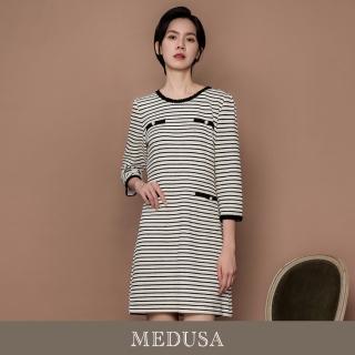 【MEDUSA 曼度莎】現貨-橫紋小香風滾邊修身洋裝（M-XL）｜小香風洋裝 長袖洋裝 小禮服(501-30306)