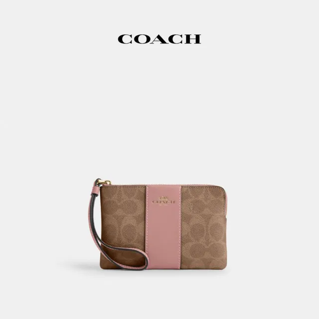 【COACH】經典Logo條紋圖案角拉鍊手腕包-IM/棕黃色/粉花瓣色(CW854)