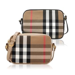 【BURBERRY 巴寶莉】經典格紋拚色牛皮飾邊斜背包相機包(顏色任選)