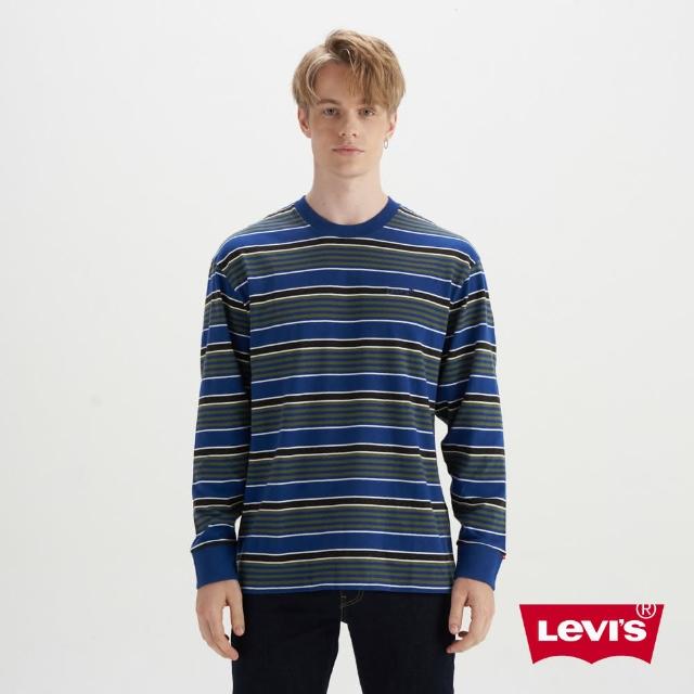 【LEVIS 官方旗艦】男款 寬鬆版長袖條紋T恤 / 迷你字母Logo 熱賣單品 A6887-0009
