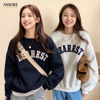 【Amore】秋冬韓系經典字母厚磅磨毛圓領長袖上衣(刷毛圓領大學TEE)