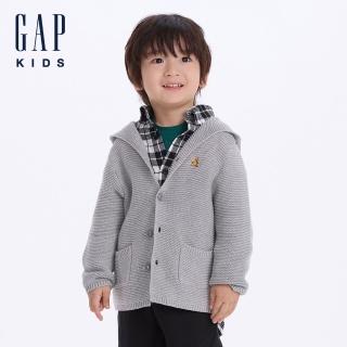 【GAP】兒童裝 純棉小熊刺繡趣味針織連帽外套-灰色(645906)