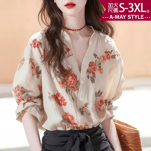 【艾美時尚】加大尺碼女裝 上衣 別緻花卉風優雅V領七分袖襯衫。S-3XL(印花.預購)