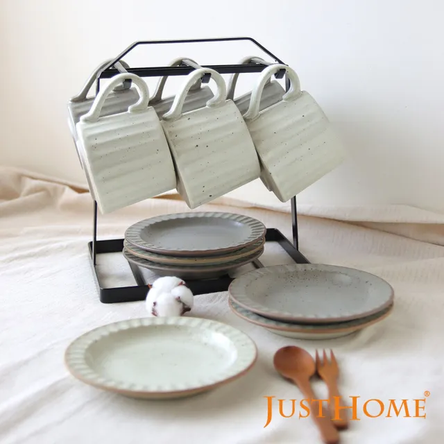【Just Home】日系直紋粗陶杯盤12件組附收納架(三款可選 下午茶 點心盤 杯 盤)