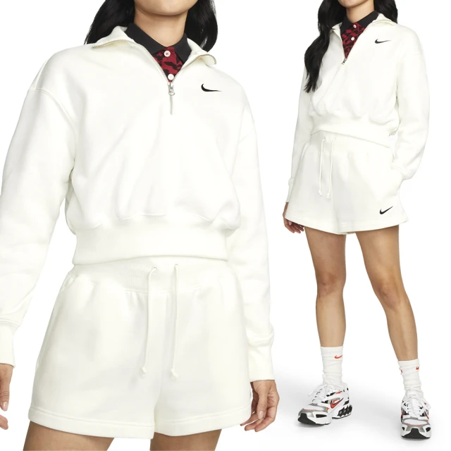 NIKE 耐吉 PHNX FLC QZ Crop 女款 白色 寬鬆 半拉鍊 短版 小勾 刺繡 上衣 長袖 DQ5768-133