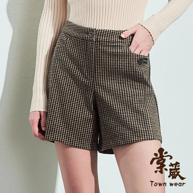 TOWN’WEAR 棠葳 復古格紋毛料短褲(中大尺碼/女下身/女下著/實腰/口袋/鑽飾/滿版/印字)