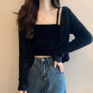 【D.studio】韓版氣質毛毛外套+毛毛背心(毛衣針織上衣短版外套女裝衣服短版上衣保暖外套保暖上衣 J234)