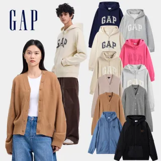 【GAP】男女裝 Logo刺繡刷毛連帽/V領針織外套-多款任選(658736&641221&638266)