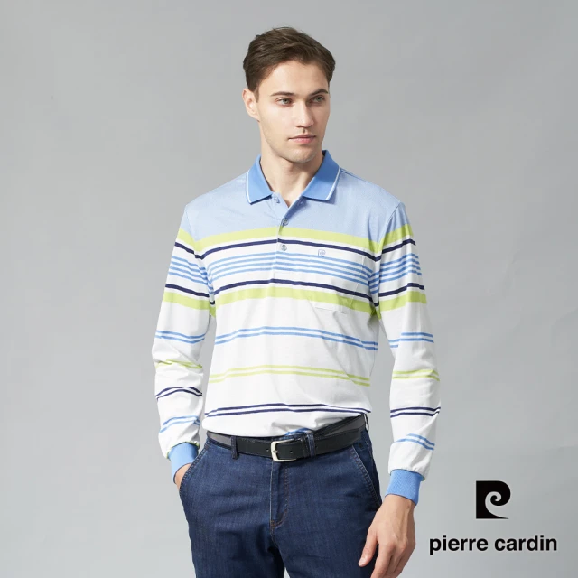 pierre cardin 皮爾卡登 網路獨家 男款 彈性機能定位橫條緹花長袖POLO衫-水藍色(7245261-33)