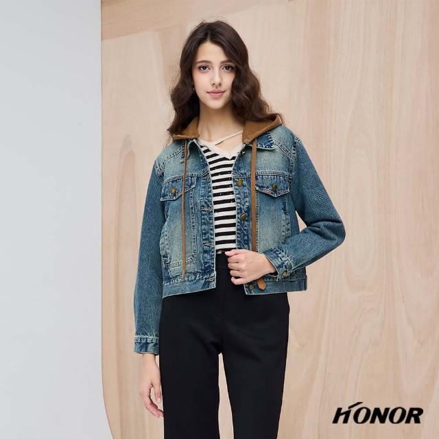 【HONOR 山形屋】時尚刷色拼接短版牛仔外套-藍