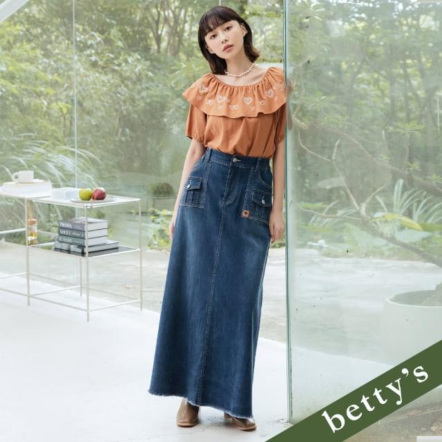 【betty’s 貝蒂思】腰鬆緊口袋壓褶鬚邊牛仔長裙(深藍)